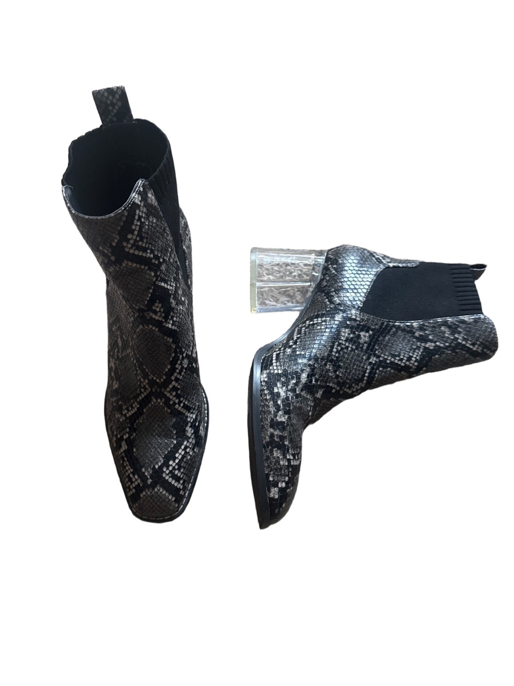 Forever 21 Black & Gray Snake-Print Chelsea Booties with Clear Heel